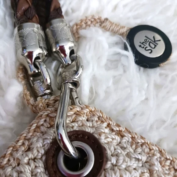 The SAK Leather & Crochet Braided Handle Hand Bag Cream Tan - Picture 8 of 16